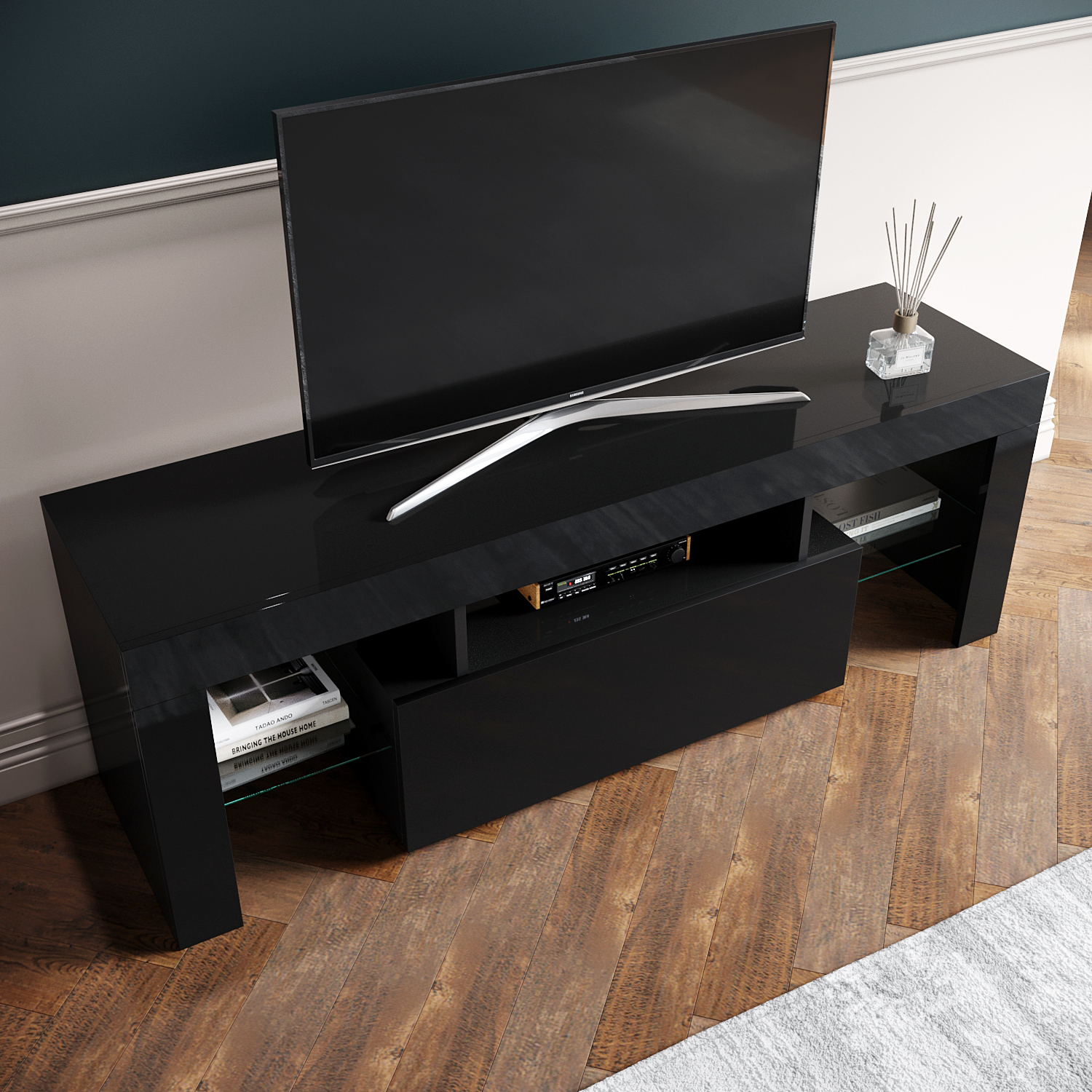 Modern TV Unit Stand High Gloss Black with RGB LED Lights 130cm eBay